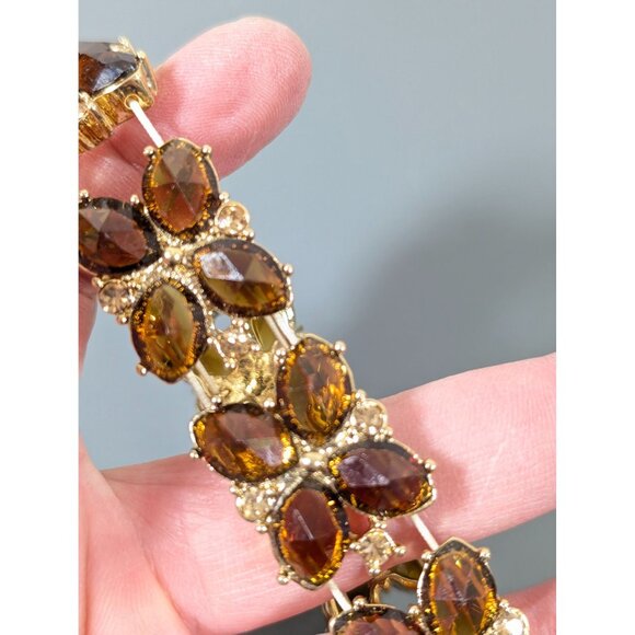 Monet Brown Rhinestone Tennis Bracelet 7" Stretch Gold Tone - Picture 6 of 8